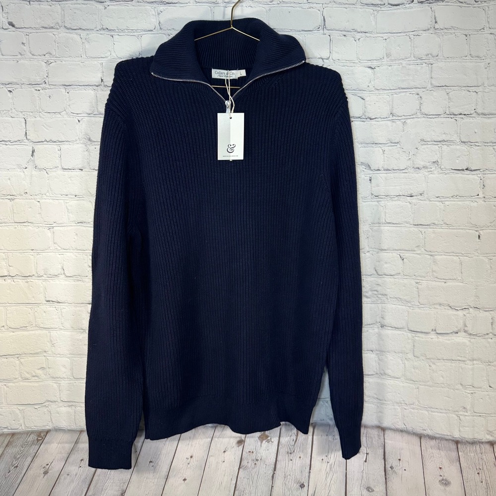 Collars & Co Napoli Collection Navy Blue Cotton Cashmere Quarter Zip Sweater L